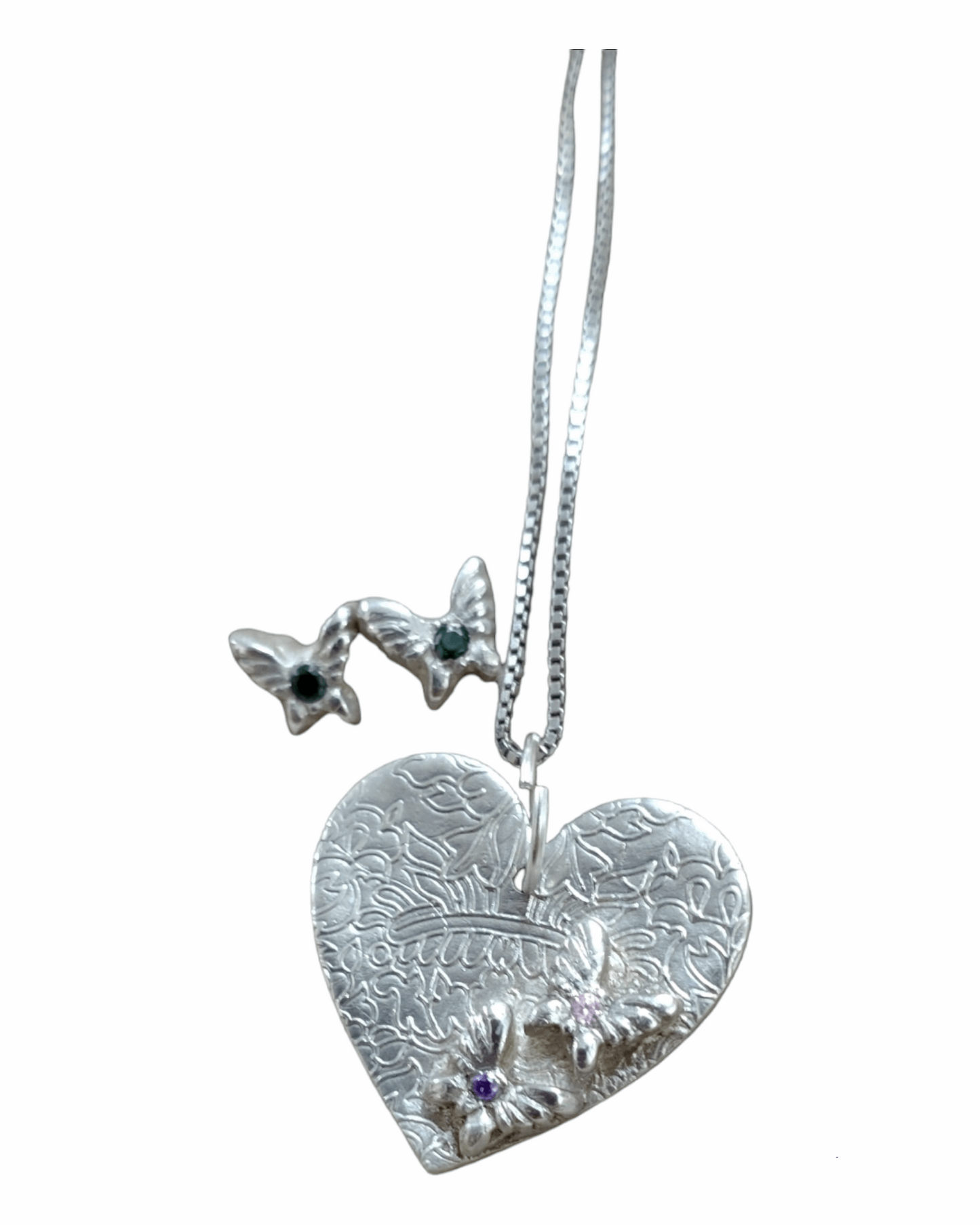 Handmade fine silver embossed heart pendant with butterflies set with cubic zirconia