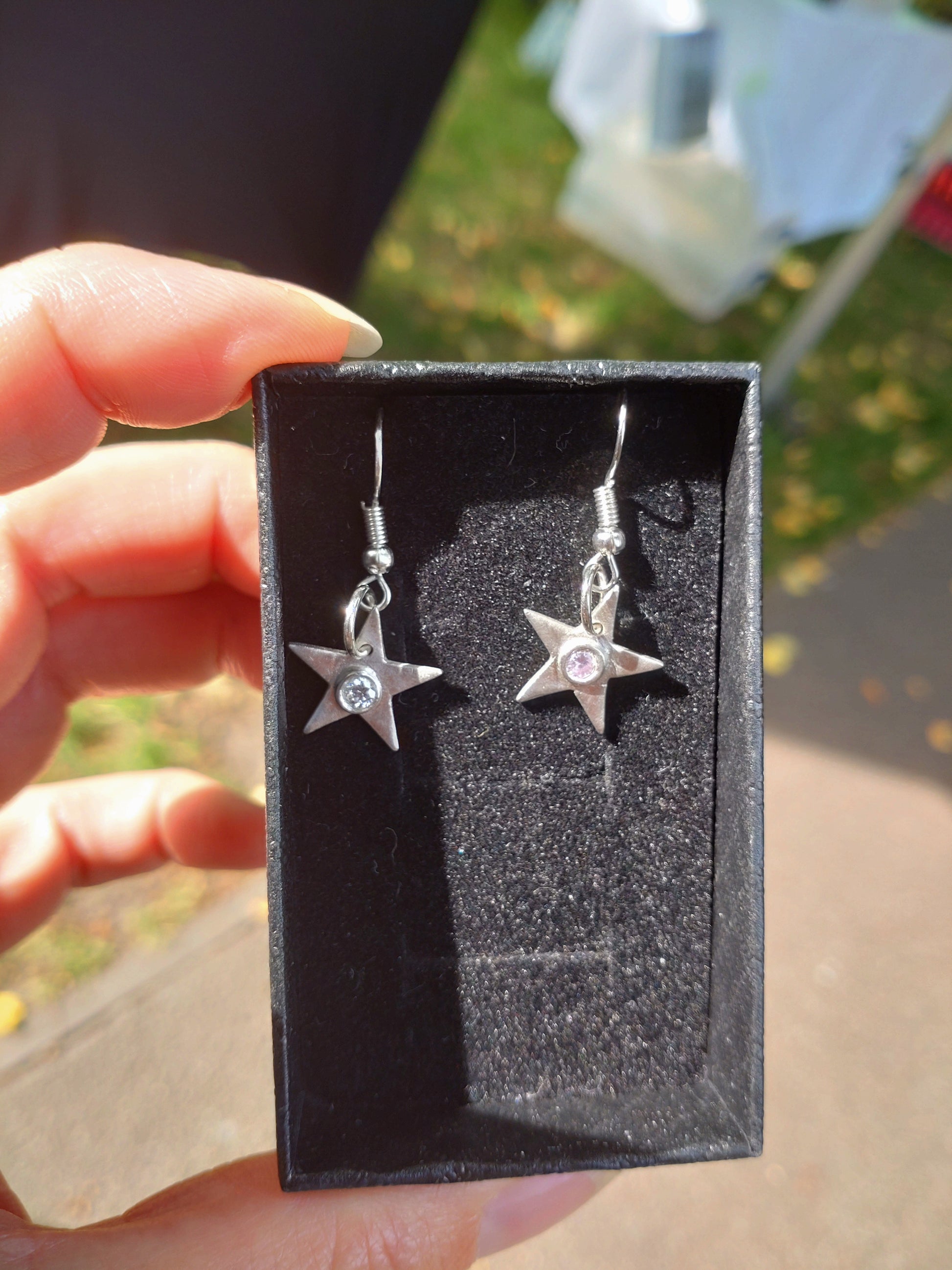 Handmade fine silver star drop earrings 