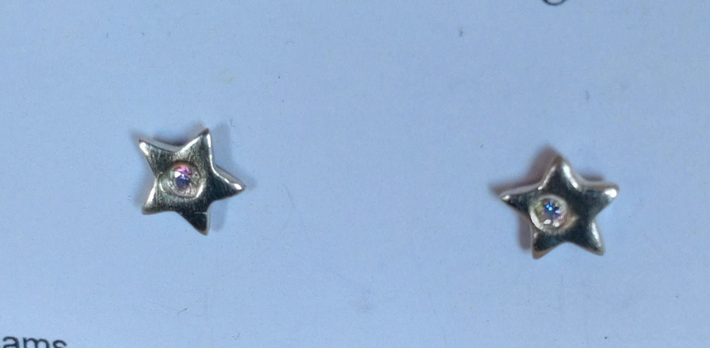 Handmade fine silver star studs set with Aurora Borealis cubic zirconia 