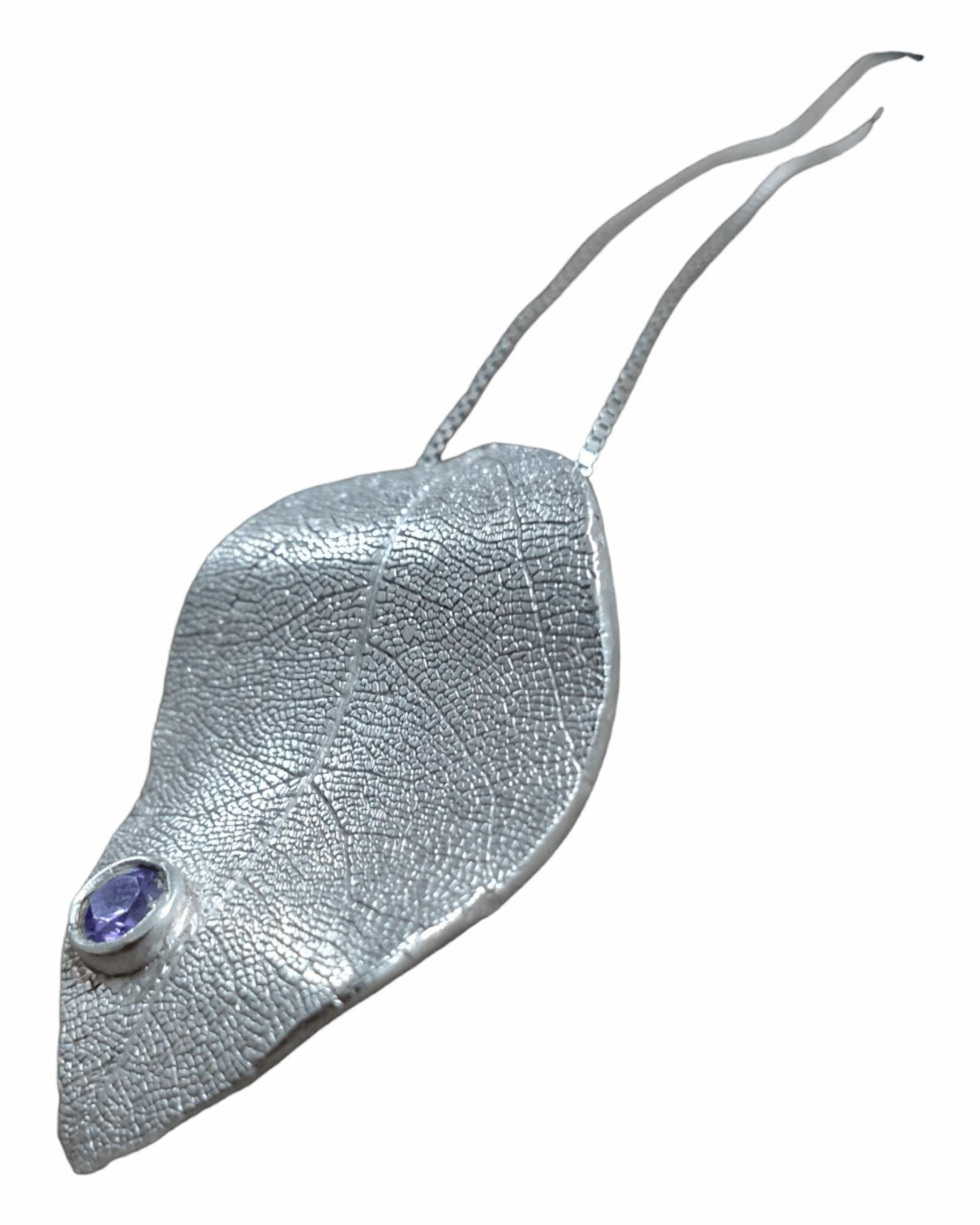 Handmade silver  pendant with skeleton leaf detail set with cubic zirconia 