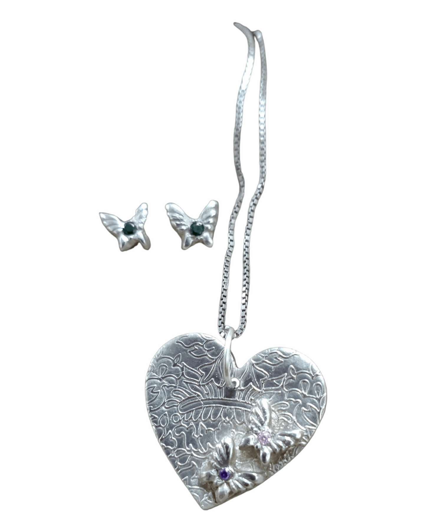 Handmade fine silver embossed pendant and earrings with butterflies set with cubic zirconia stones