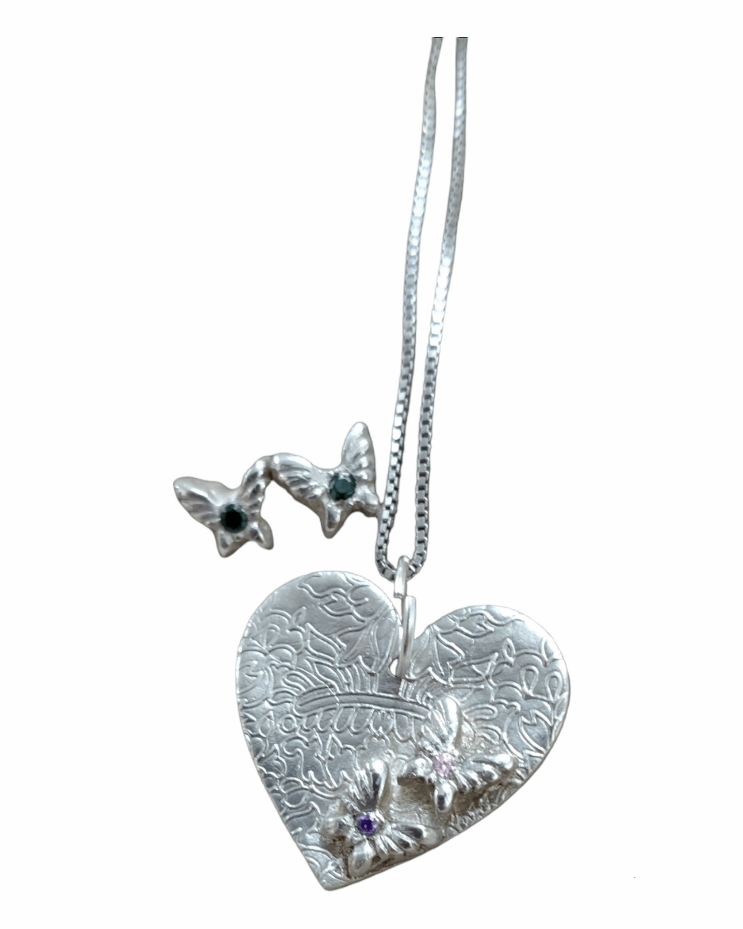 Handmade fine silver embossed heart pendant with butterflies set with cubic zirconia 
